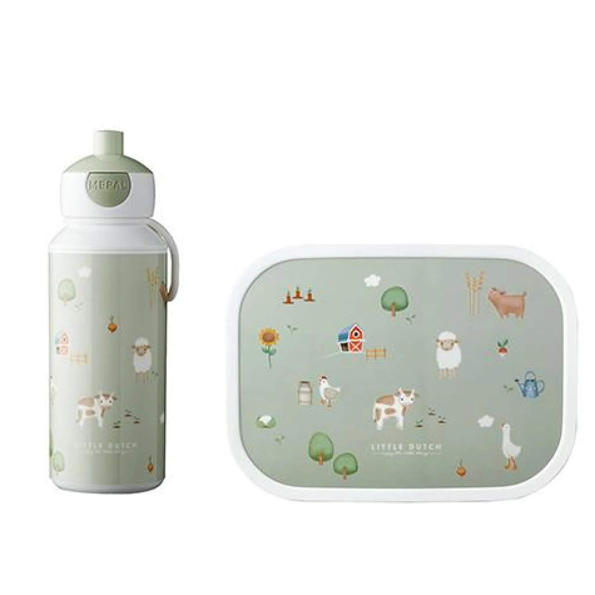 Little Dutch Lunch set - Pop -up drinking bottle and lunch box - Green - Little Farm