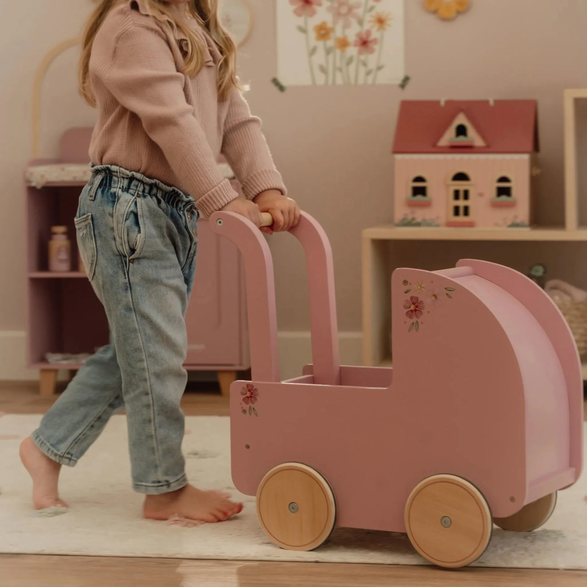 Little Dutch Wooden doll stroller - Pink - Essentials Outlet